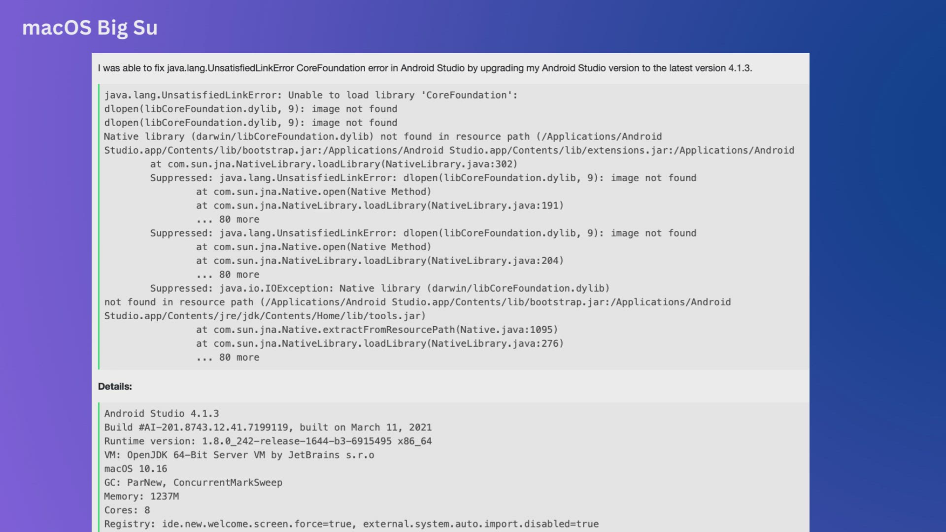 'Video thumbnail for macOS Big Sur java.lang.UnsatisfiedLinkError CoreFoundation - Android Studio'