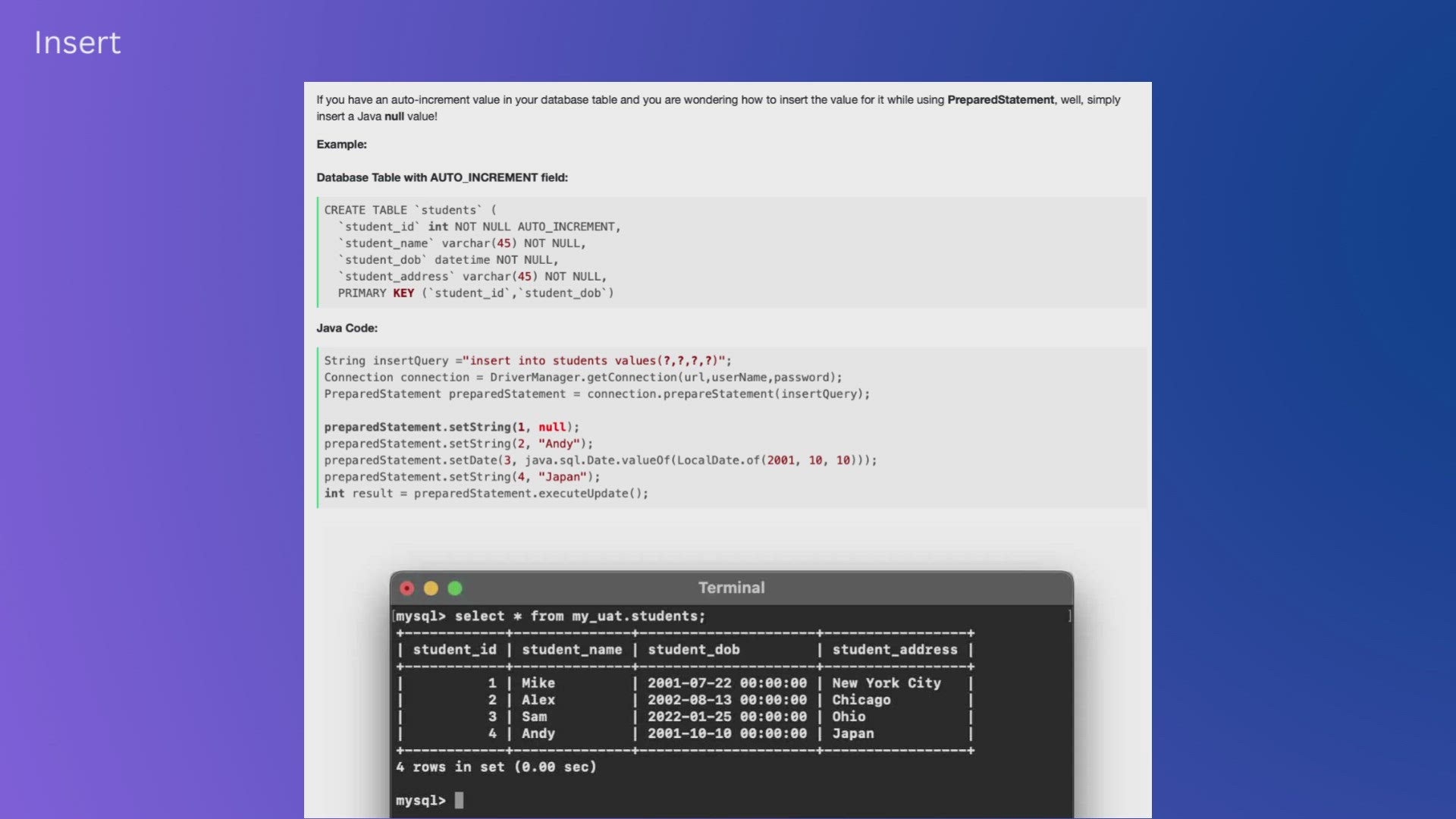 'Video thumbnail for Insert Auto Increment Value using PreparedStatement in Java JDBC'