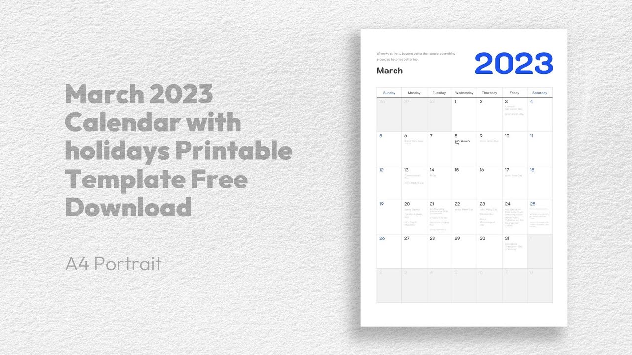 'Video thumbnail for March 2023 Calendar with holidays Printable Template Free Download'
