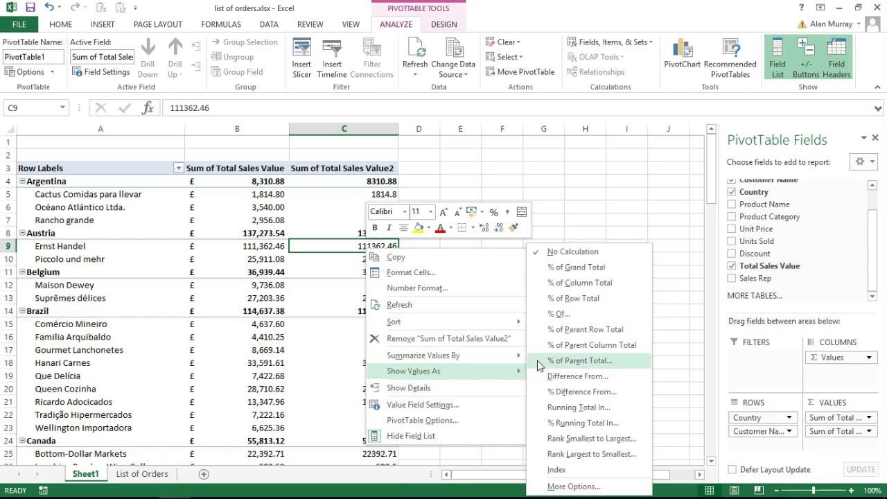 Video thumbnail for Excel PivotTable Show Percentage of Subtotal