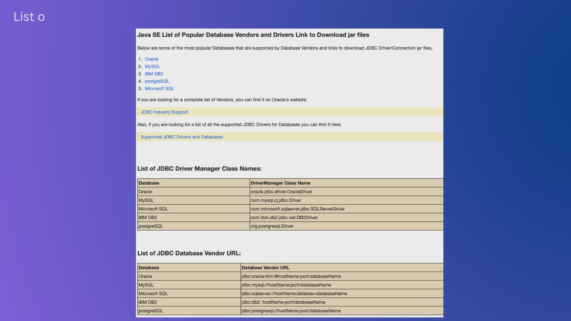 'Video thumbnail for List of Java JDBC Database Driver Jars, Classes and URLs Details'