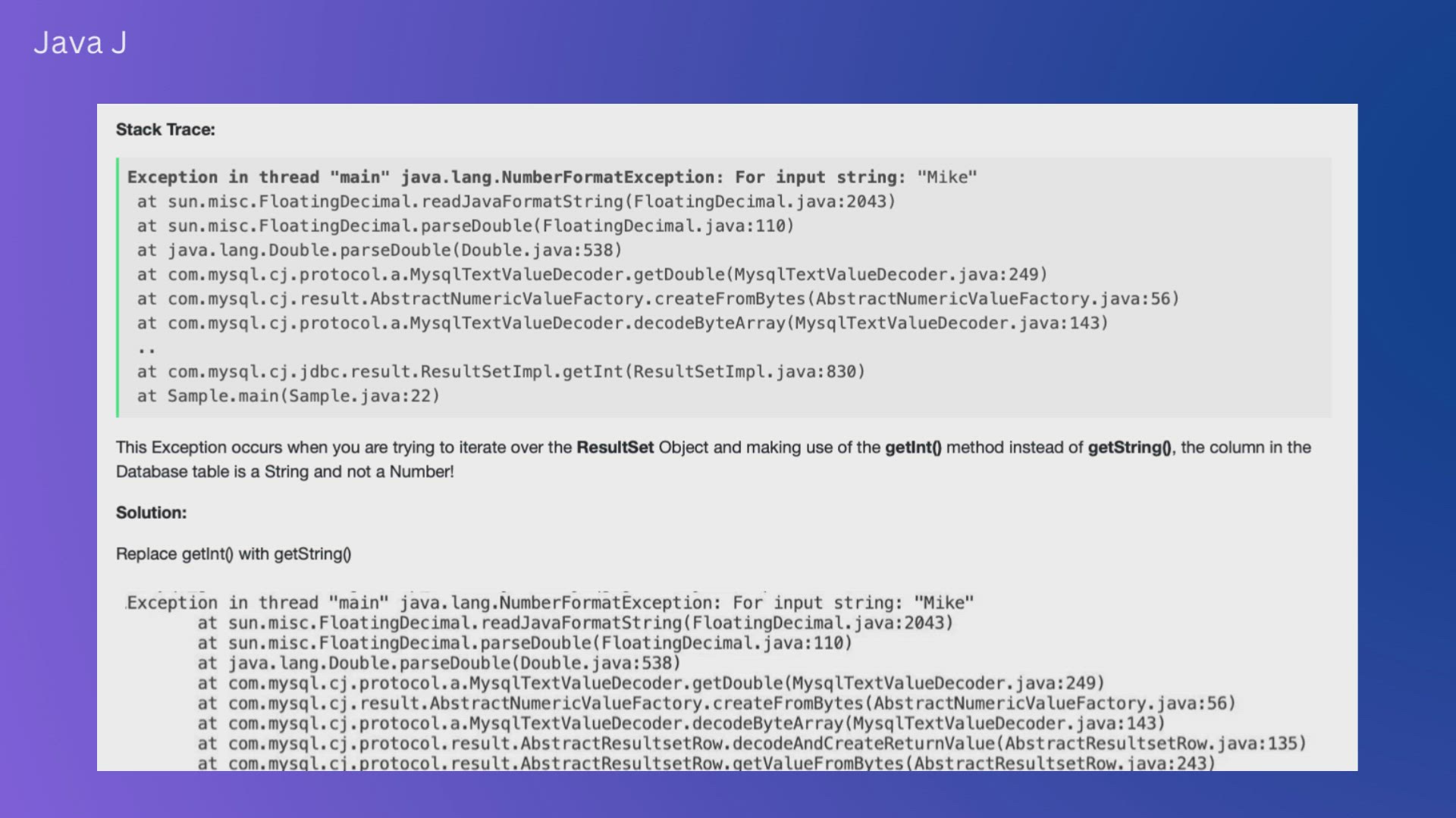 'Video thumbnail for Java JDBC NumberFormatException For input string'