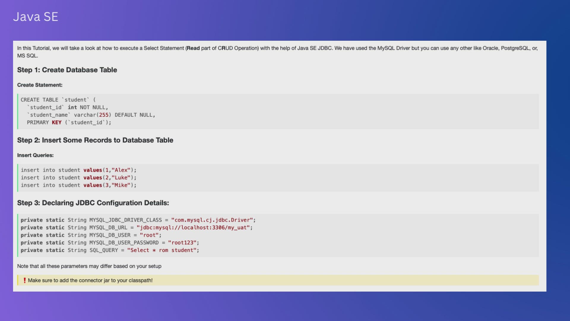 'Video thumbnail for Java SE JDBC Select Statement Example'