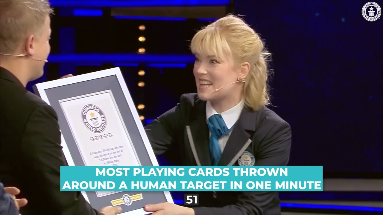 Video thumbnail for Most playing cards thrown round a human target in one minute - Guinness World Records