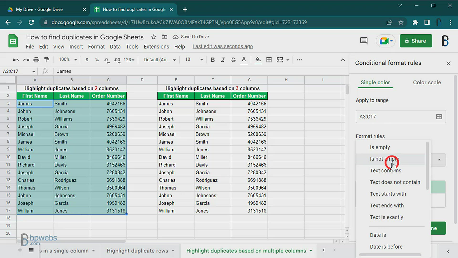 'Video thumbnail for Highlight duplicates in Google Sheets multiple columns'