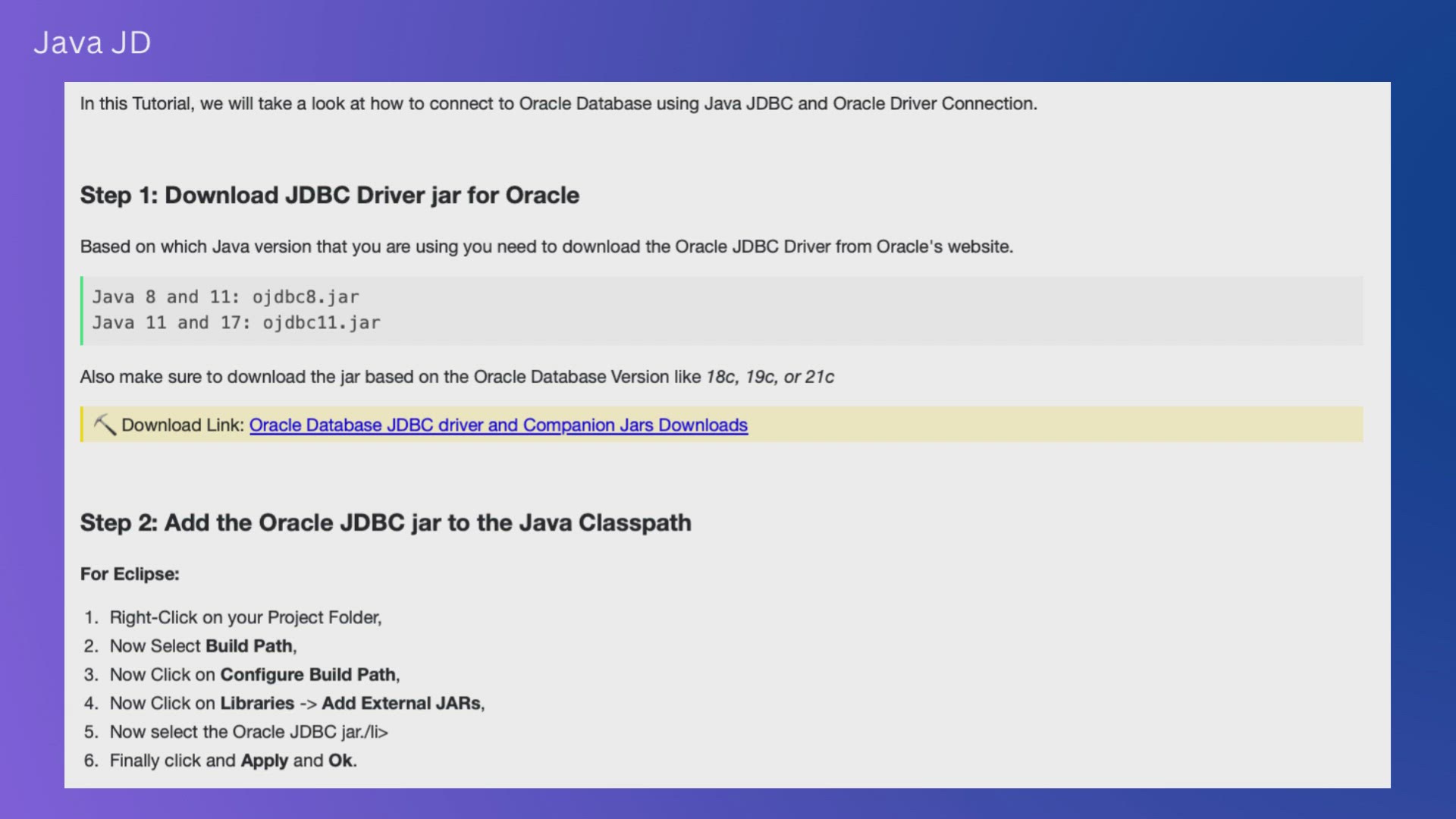 'Video thumbnail for Java JDBC Example with Oracle Database Driver Connection'