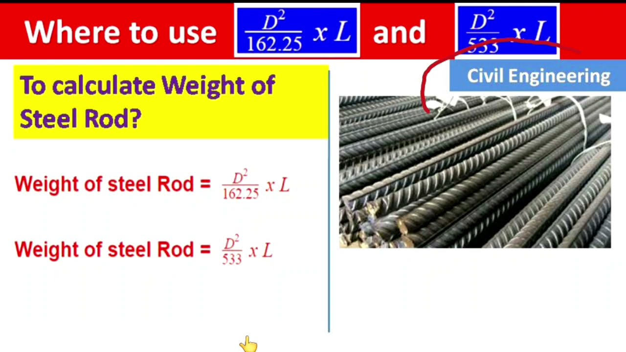 'Video thumbnail for Where to Use (D^2/162.25 x L) and (D^2/533 x L) to calculate the weight of steel rod'