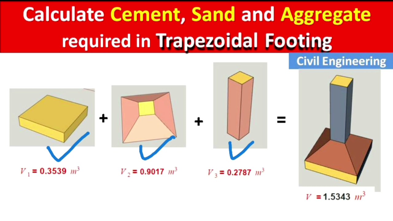 'Video thumbnail for How to Calculate Cement, Sand and Aggregate (Concrete) required  in Trapezoidal Footing?'