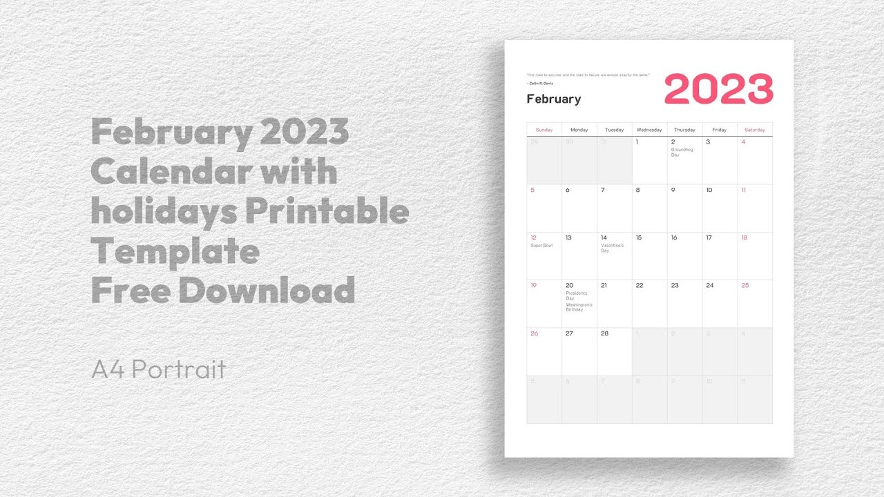 'Video thumbnail for February 2023 Calendar with holidays Printable Template Free Download'