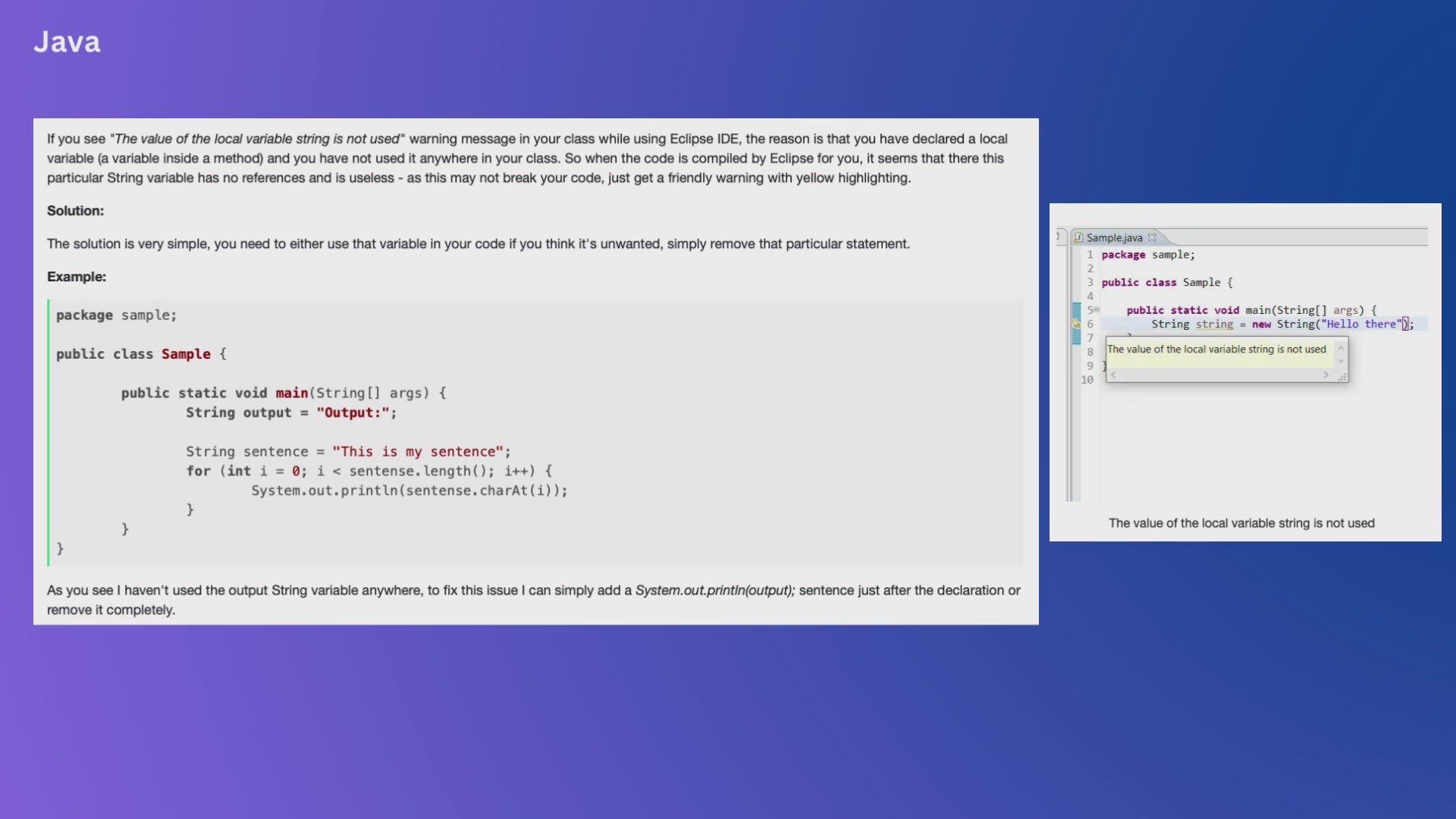 'Video thumbnail for Java The value of the local variable string is not used'