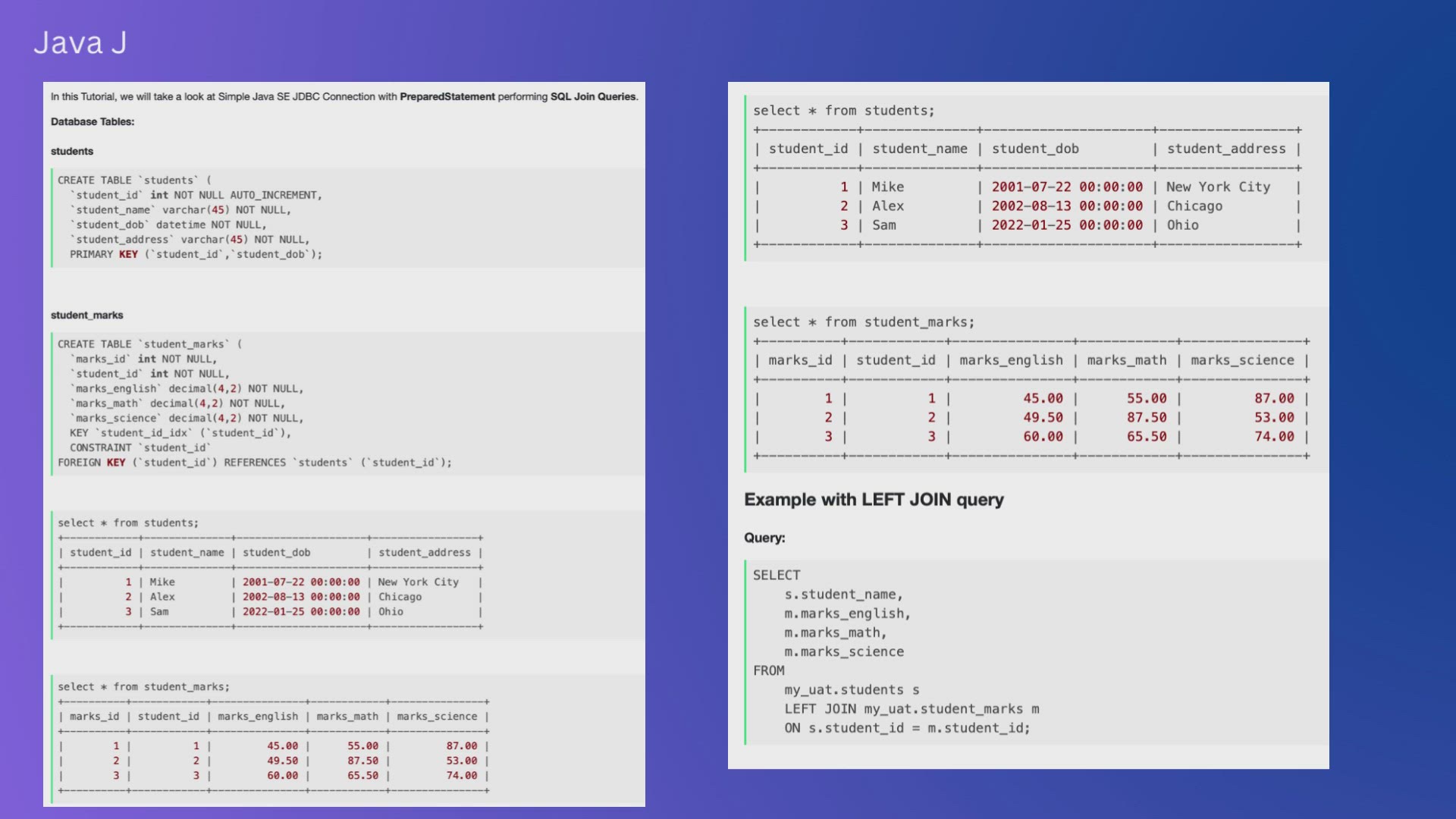 'Video thumbnail for Java JDBC with Join Queries Example'