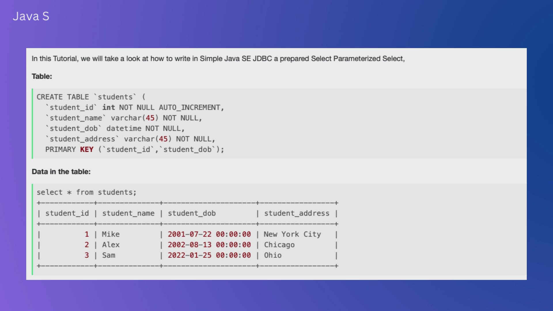 'Video thumbnail for Java SE JDBC with Prepared Statement Parameterized Select Example'