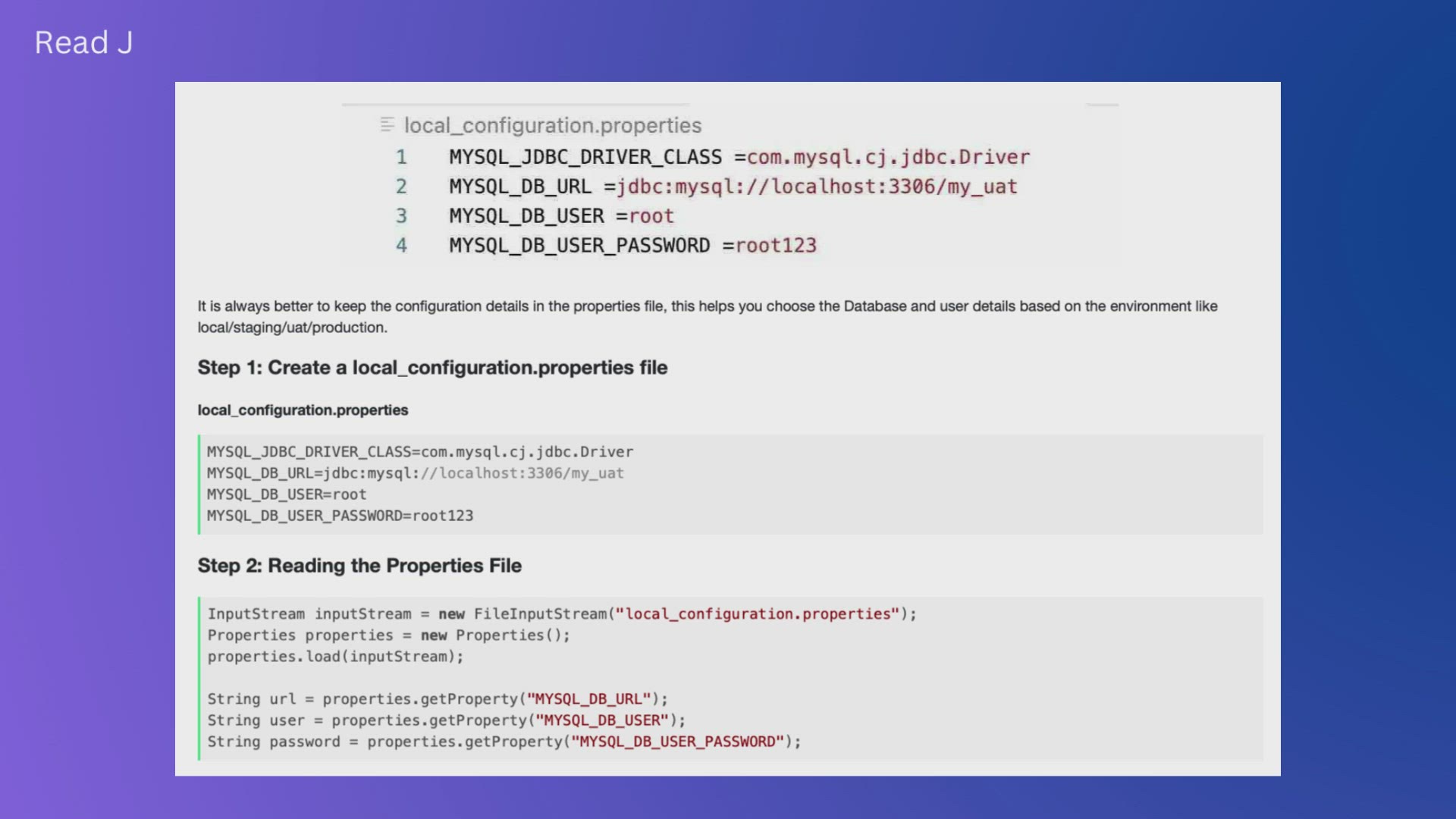'Video thumbnail for Read Java JDBC Connection Details from Properties File'