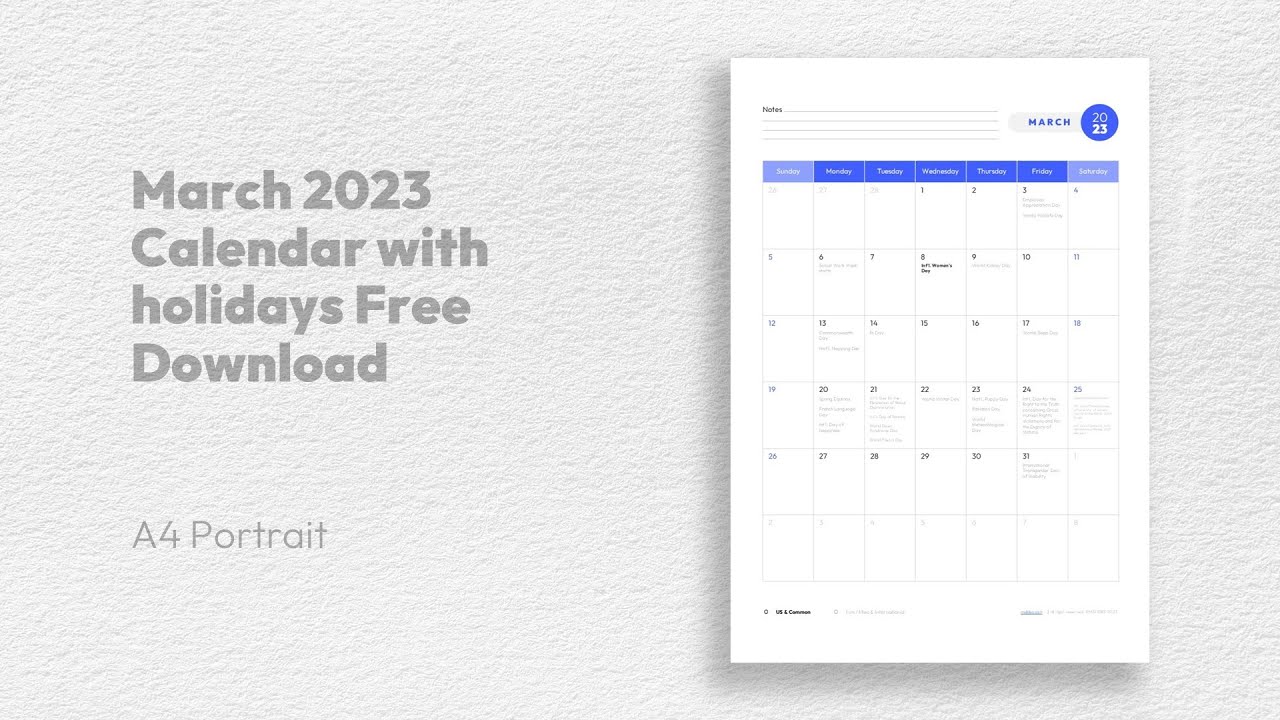 'Video thumbnail for March 2023 Calendar with holidays Free Download'