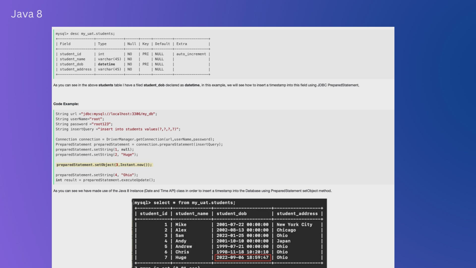 'Video thumbnail for Java 8 JDBC Insert Timestamp Code Example'