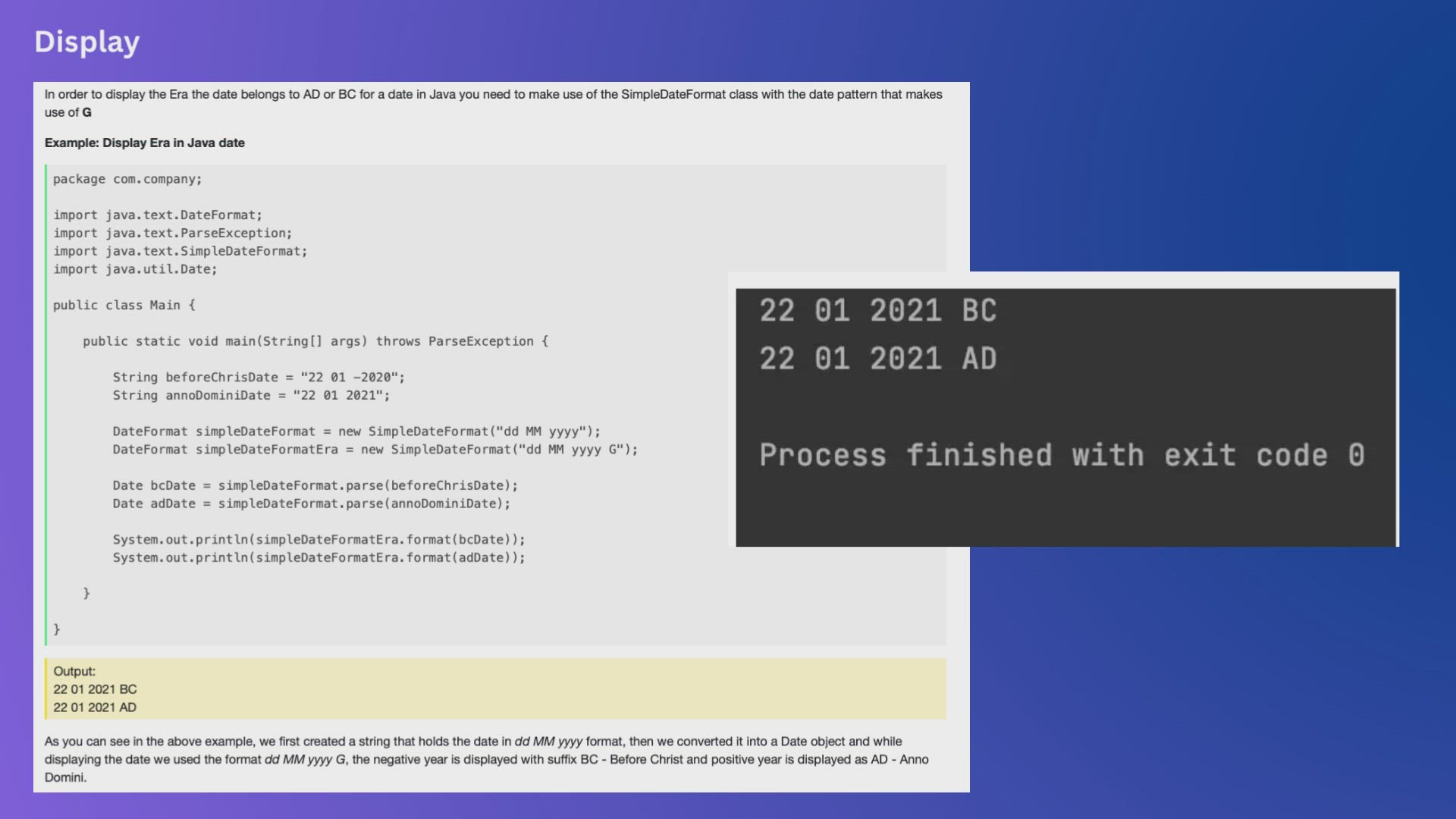 'Video thumbnail for Display Era details (AD BC) in Java Date using SimpleDateFormat'