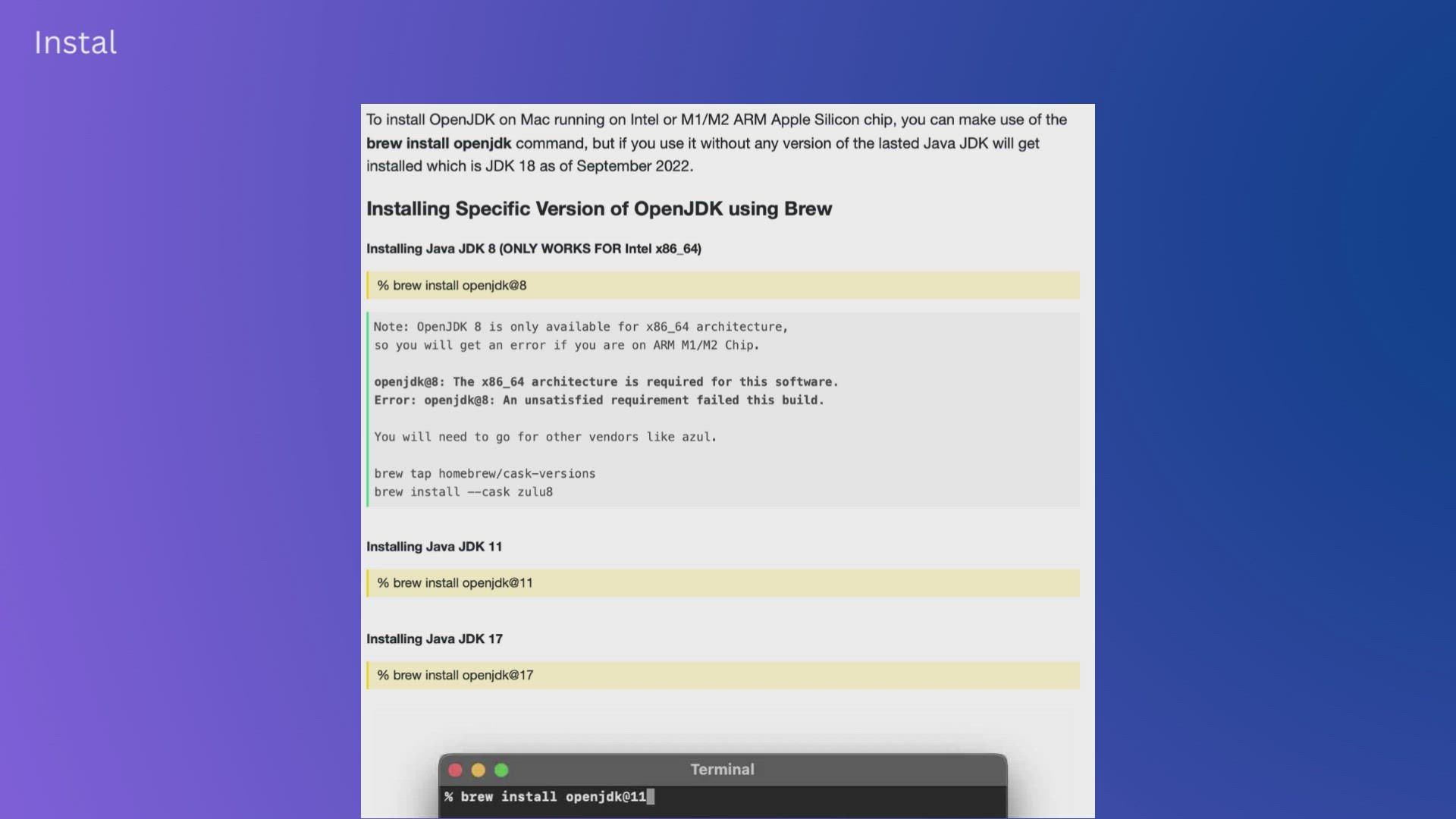 'Video thumbnail for Install OpenJDK Java (81117) versions using brew on Mac (IntelM1M2)'