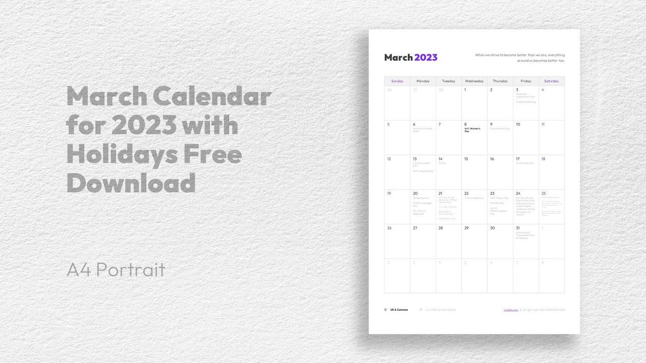 'Video thumbnail for March Calendar for 2023 with Holidays Free Download'