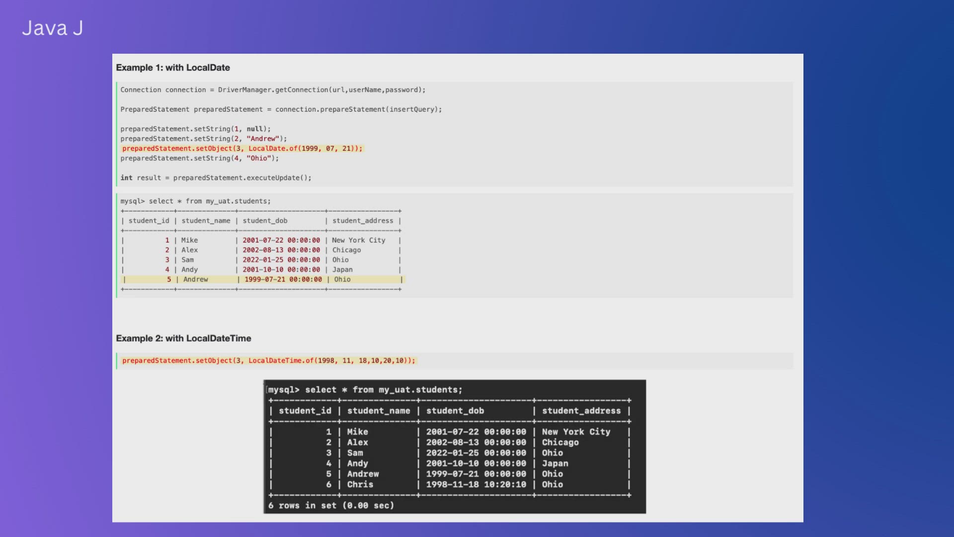 'Video thumbnail for Java JDBC Insert Java 8 LocalDate and Time using PreparedStatement'