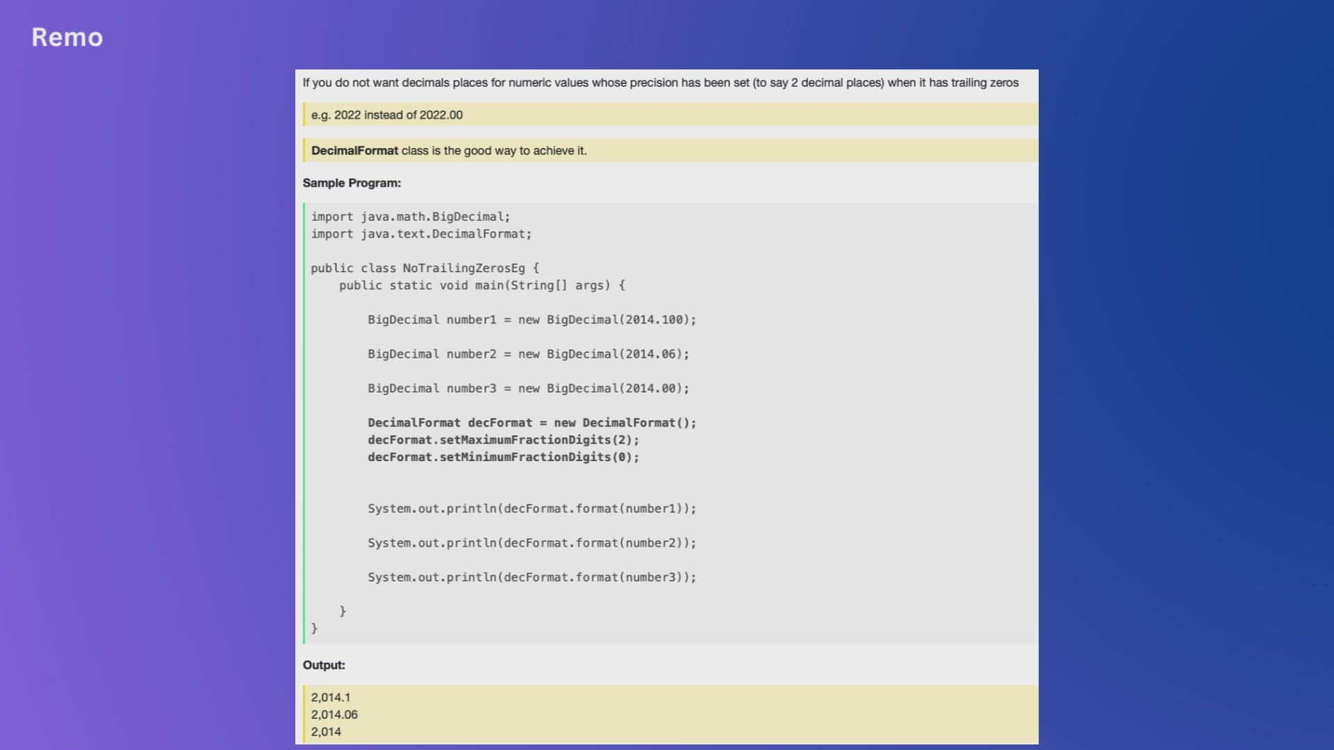 'Video thumbnail for Remove Trailing zeros BigDecimal Java'