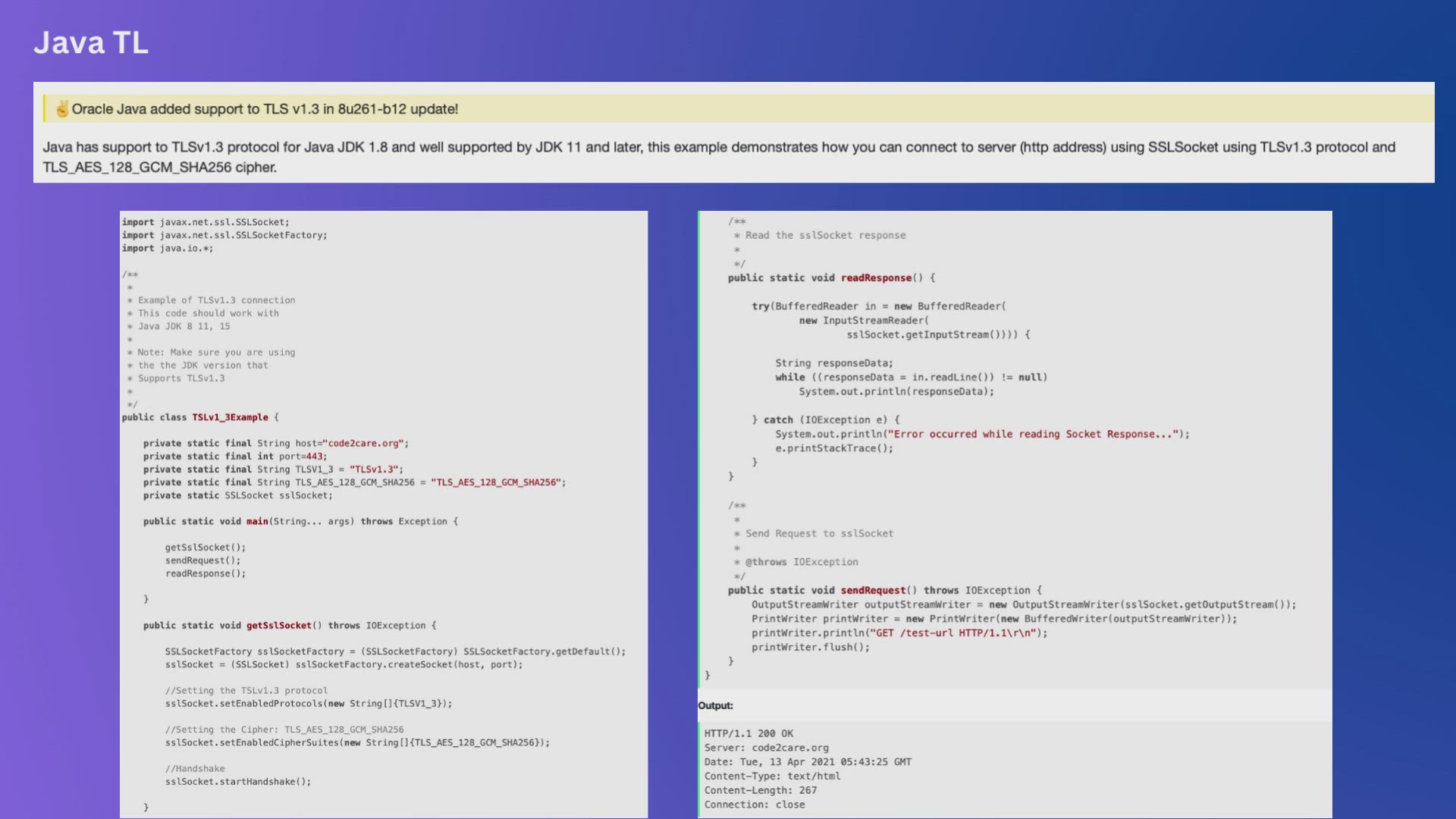 'Video thumbnail for Java TLSv1.3 protocol code example using SSLSocket'