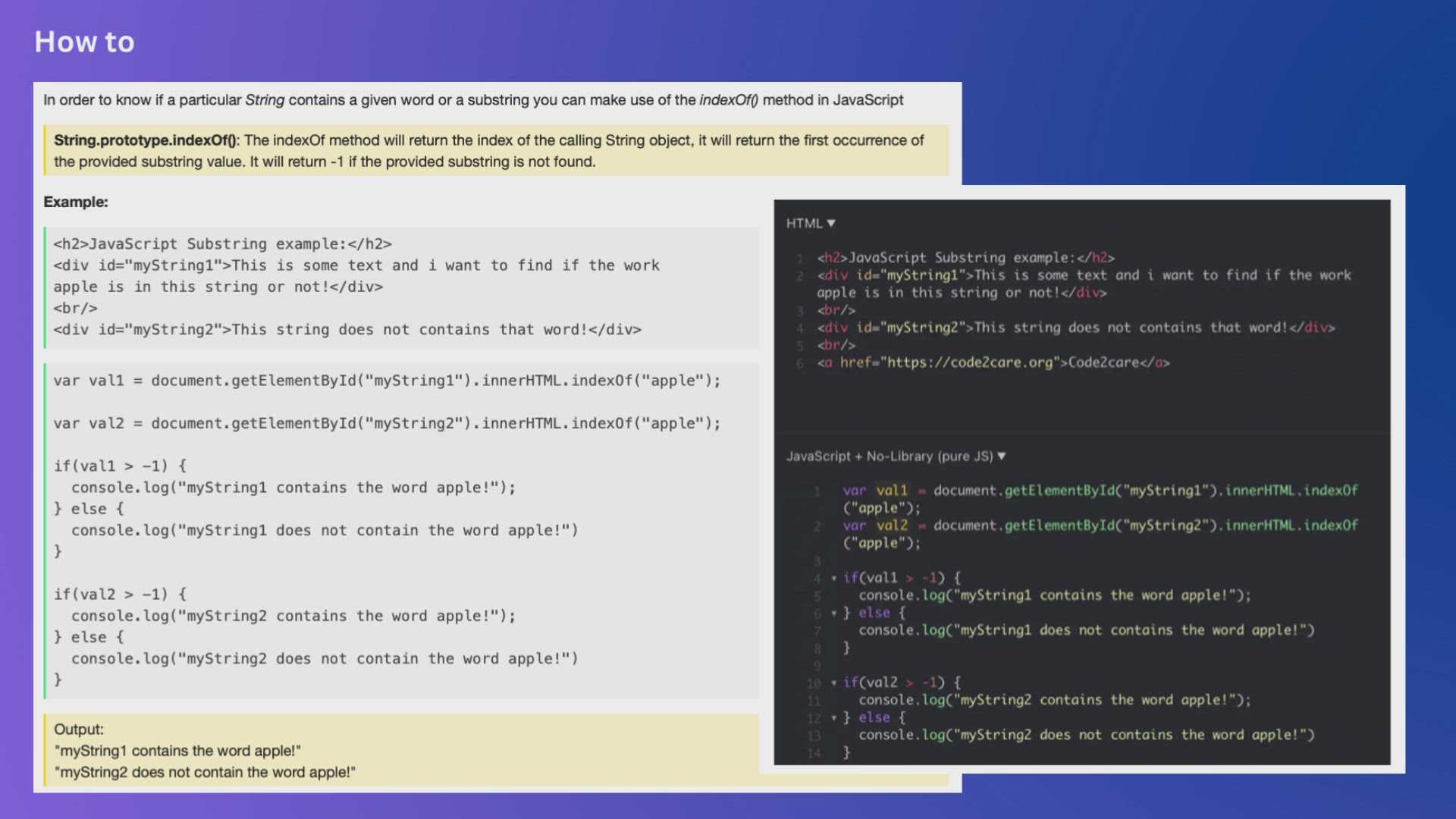 'Video thumbnail for How to check if a String contains substring or a word using javaScript'