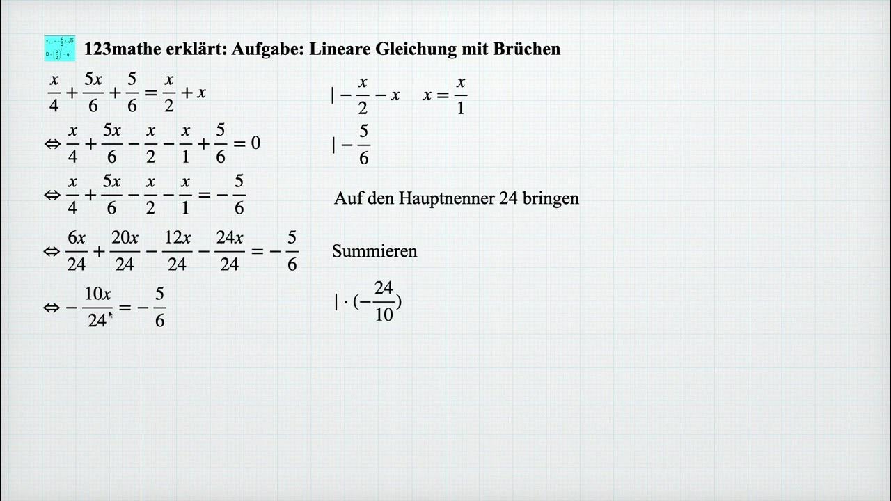 'Video thumbnail for Lineare Gleichung mit Brüchen lösen, Aufgabe'