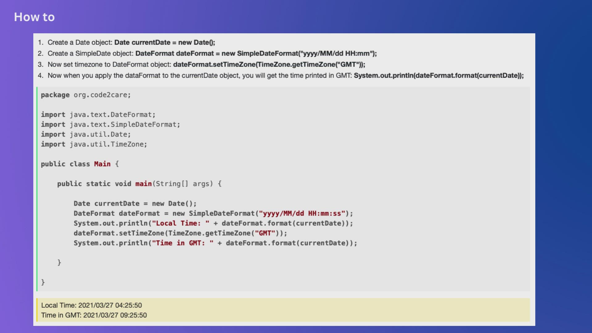 'Video thumbnail for How to display date and time in GMT Timezone in Java'