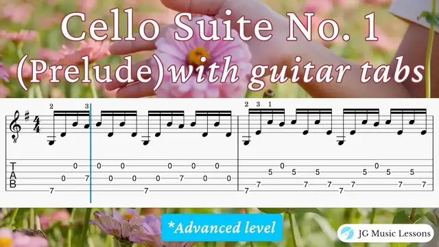 'Video thumbnail for Cello Suite No. 1 (Prelude) by Bach with guitar tabs'
