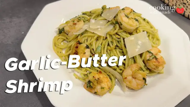 'Video thumbnail for Creamy Pesto Spaghetti with Pan-Seared Shrimp'