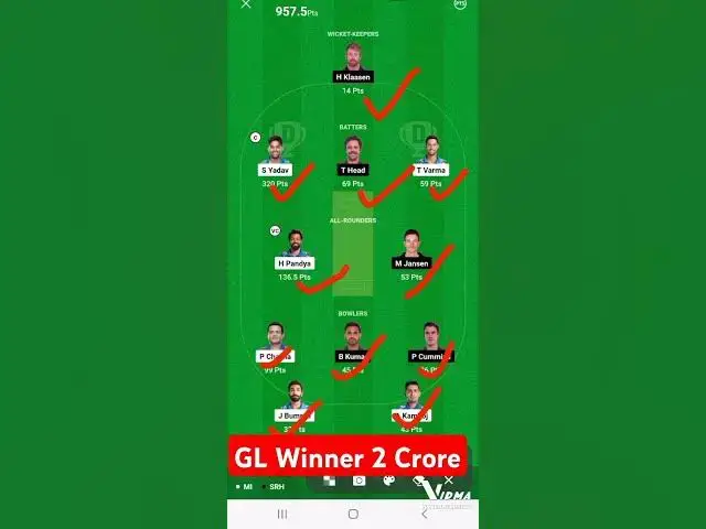 'Video thumbnail for MI VS SRH WINNER GL 2 CRORE #shorts Dream11winner'