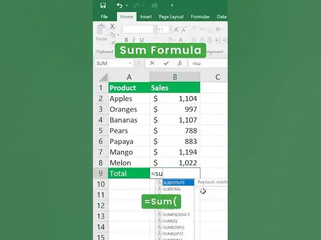 'Video thumbnail for SUM Formula in Excel | Add Total Values #shorts #excel'
