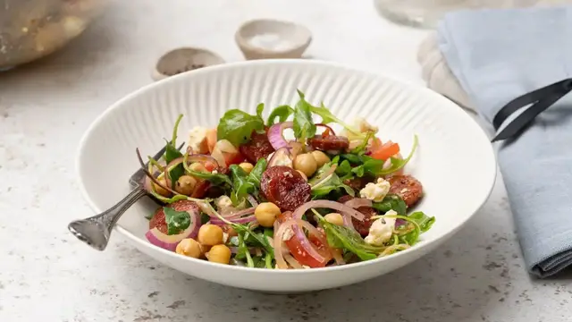 'Video thumbnail for Chorizo Chickpea Salad With Feta Recipe'
