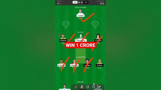 'Video thumbnail for STA VS THU DREAM11 GL TEAM WIN 1 CRORE #dream11 #bbl #dream11expert #shorts #stavsthu'