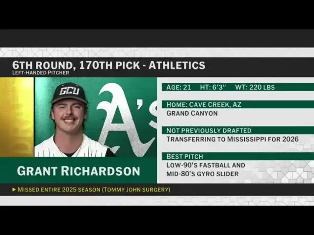 'Video thumbnail for Athletics Select Grant Richardson with No. 170 Pick in 2025 MLB Draft!'