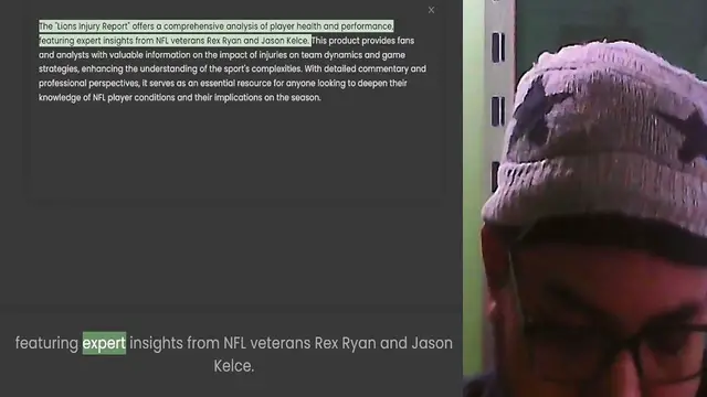 'Video thumbnail for The Lions Injury Report offers a comprehensive analysis of player health and performance, featuring expert insights from NFL veterans Rex Ryan and Jason Kelce. This product provides fans and analysts with valuable information on the impac'