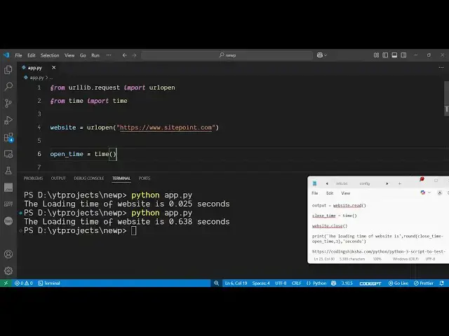 'Video thumbnail for Python 3 Script to Test the Speed & Check the Loading Speed of Website in Seconds in Terminal'