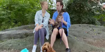 'Video thumbnail for Exclusive: Natasha Hodgson & Jak Malone Cuddle up with Their Broadway Pets, Sydney & Dracula'
