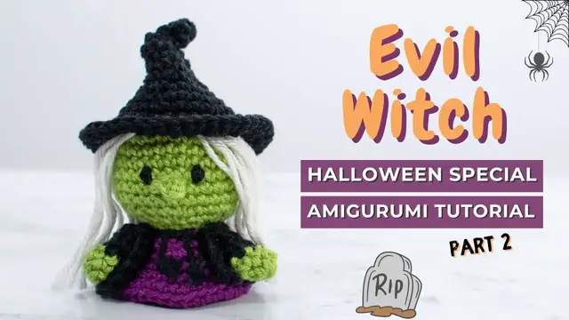'Video thumbnail for Evil Witch Halloween mini amigurumi crochet tutorial - How to crochet an amigurumi Witch. PART 2'