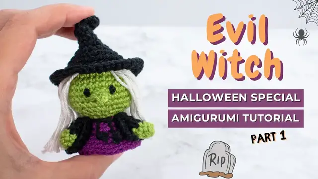 'Video thumbnail for Evil Witch Halloween mini amigurumi crochet tutorial - How to crochet an amigurumi Witch. PART 1'