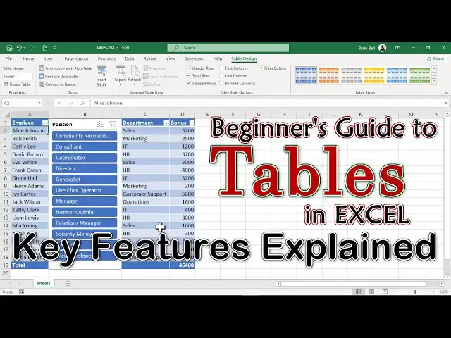 'Video thumbnail for Beginner's Guide to Tables in Excel - how to use key features'