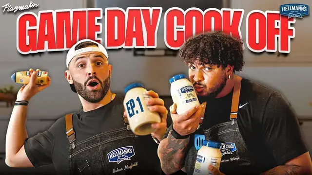 'Video thumbnail for Baker Mayfield & Tristan Wirfs’ Epic Buffalo Chicken Dip Battle | Hellmann’s Game Day Cook Off Ep 1'