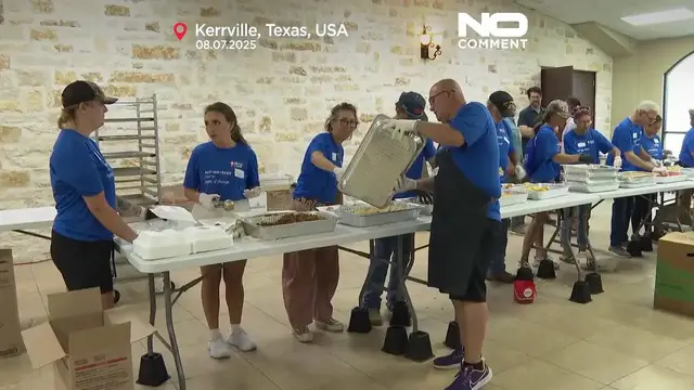 'Video thumbnail for Volunteer teams prepare meals as Texas flood recovery continues'