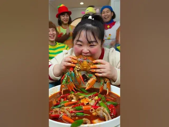'Video thumbnail for ASMR Mukbang: Chubby Chinese Girl Eats GIANT Rainbow Crab with Crowd Cheering! 🌈🦀'
