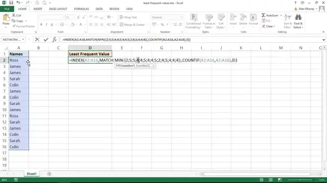 'Video thumbnail for Excel Formula to Find the Least Frequent Value'
