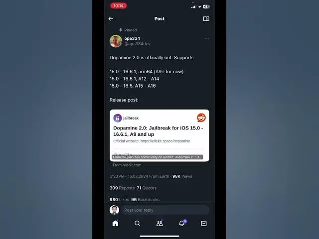 'Video thumbnail for Dopamine 2.0 Jailbreak RELEASED for iOS 15.0 - iOS 16.6.1 (A9 - A16 Devices) #jailbreak #ios'
