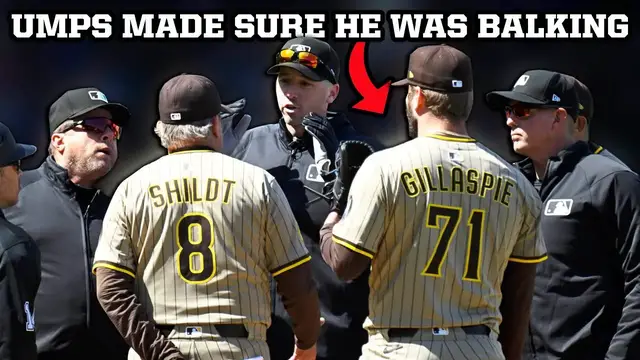 'Video thumbnail for Umpires huddle up for a long time to confirm that the Padres reliever was balking, a breakdown'