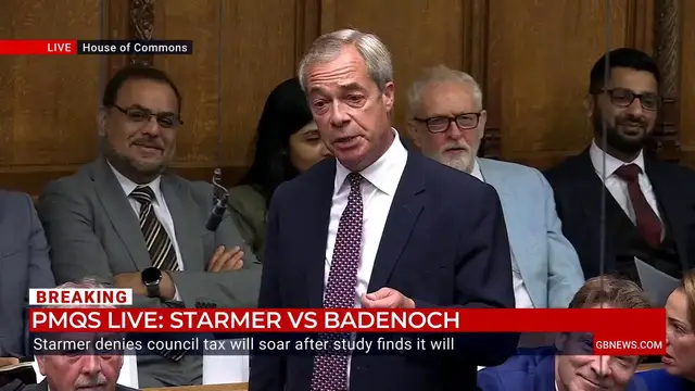 'Video thumbnail for 'Would you shut up!' PMQs descends into heckling chaos as Nigel Farage stares down 'disrespectful' MP in heated moment'