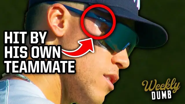 'Video thumbnail for Aaron Judge gets hit in the head by a throw from Anthony Volpe | Weekly Dumb'