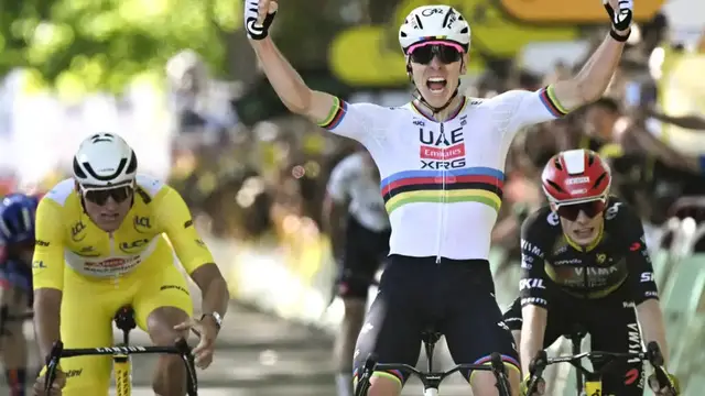 'Video thumbnail for Tadej Pogacar wins Tour de France stage 4 to claim 100th career victory'